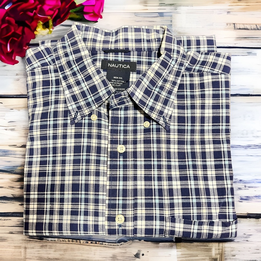Men’s Vintage Nautica Button Up Plaid Casual Short Sleeve Shirt Size XXL - Picture 7 of 7